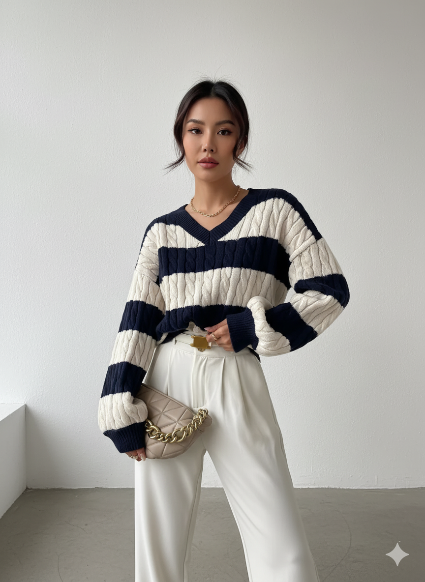 Midnight Two- tone Cable Sweater